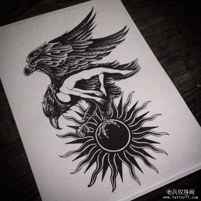 欧美school老鹰太阳纹身图案手稿