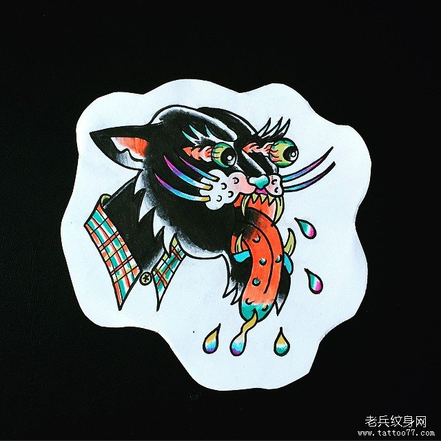 old school 彩色黑豹纹身图案手稿