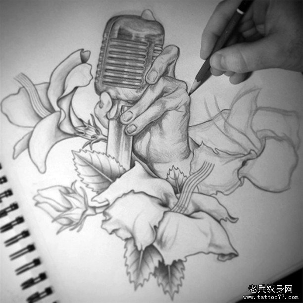 欧美手麦克风纹身图案手稿