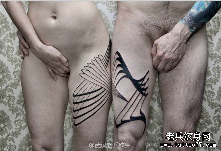 大腿欧美抽象几何线条纹身图案