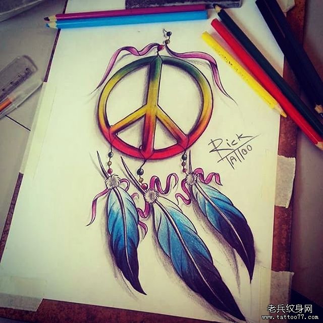 欧美彩色捕梦网纹身图案手稿