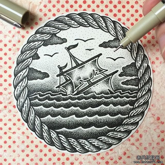 欧美帆船海浪纹身图案手稿