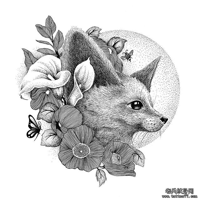 欧美狐狸点刺花卉线条纹身图案手稿