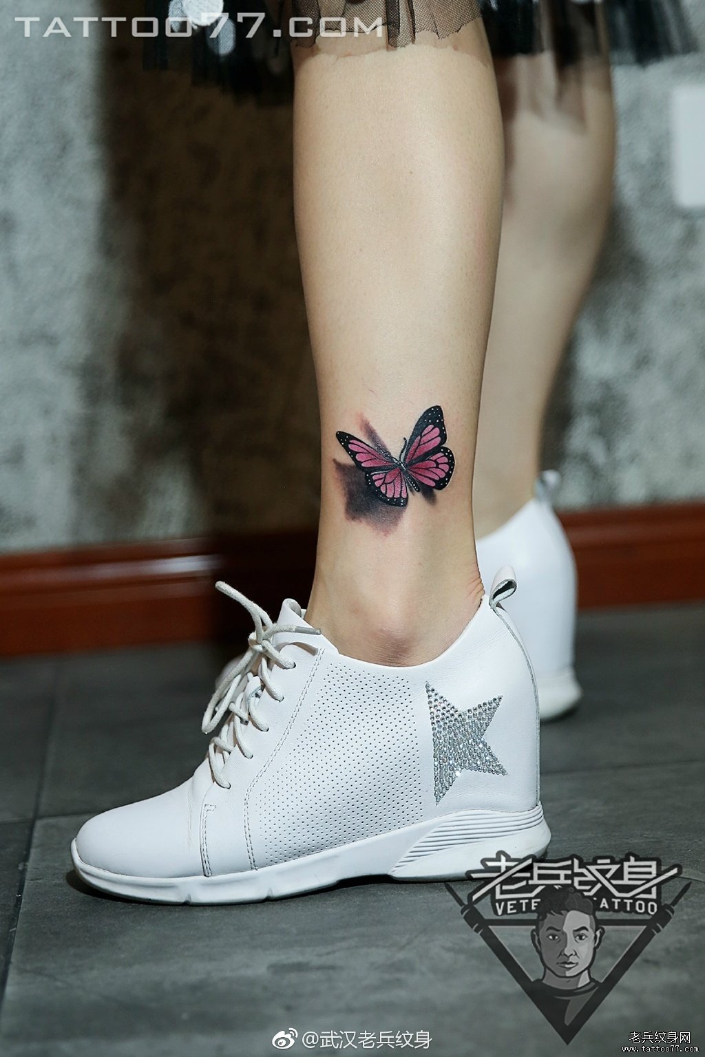 脚踝立体蝴蝶纹身图案作品