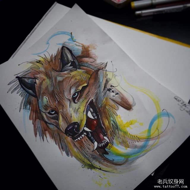 欧美狼头泼墨彩色纹身图案手稿