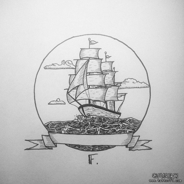 欧美纹身图案帆船海浪手稿