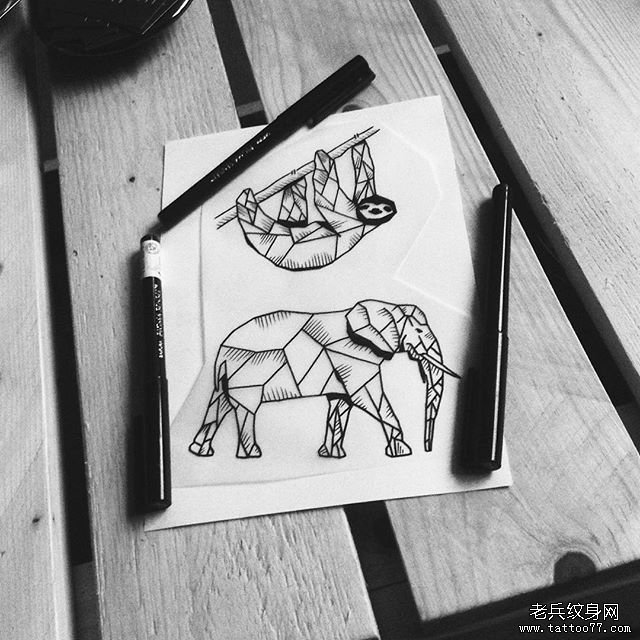 大象线条简单几何纹身图案手稿
