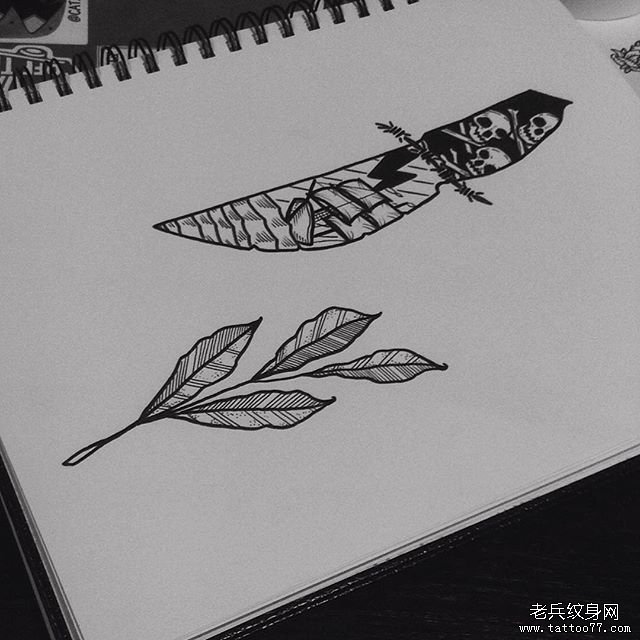 欧美小清新树叶纹身图案手稿