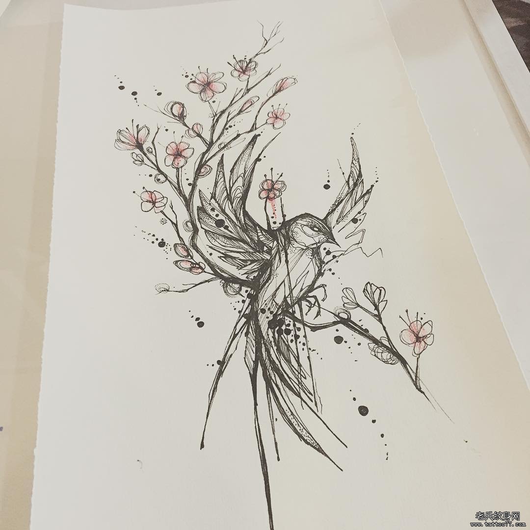 欧美鸟线条花卉泼墨纹身图案手稿