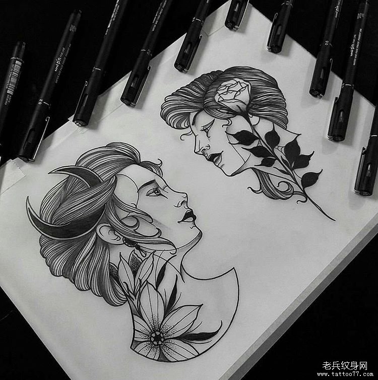 欧美女郎图腾月亮纹身图案手稿
