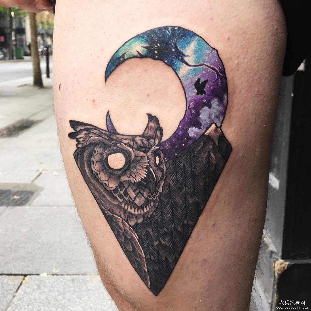 大腿星空月亮猫头鹰纹身图案