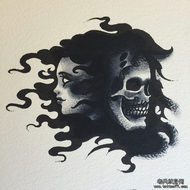 美女骷髅黑灰遮盖欧美纹身图案手稿