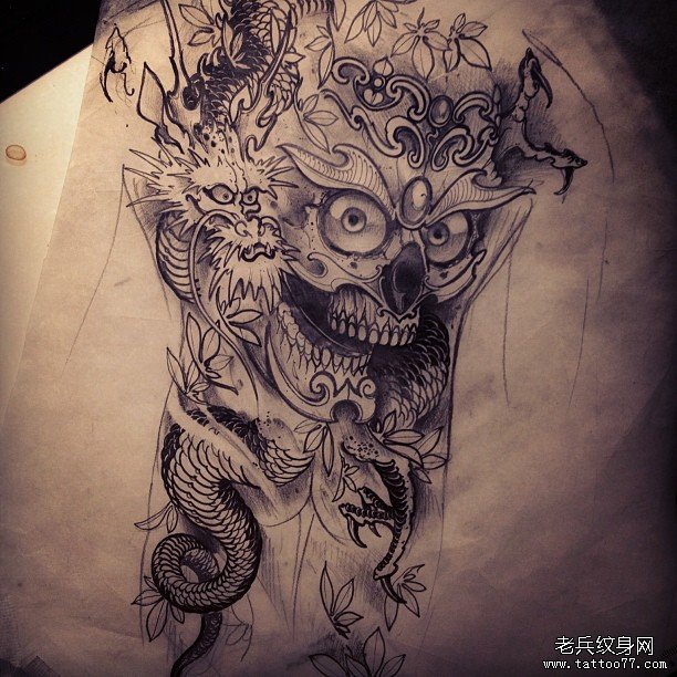 传统龙嘎巴拉满背纹身图案手稿