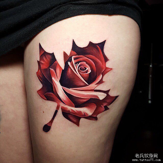 大腿彩色性感枫叶玫瑰纹身图案