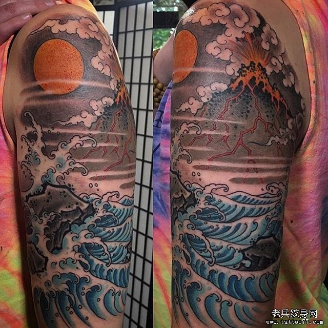 欧美传统火山海浪纹身图案