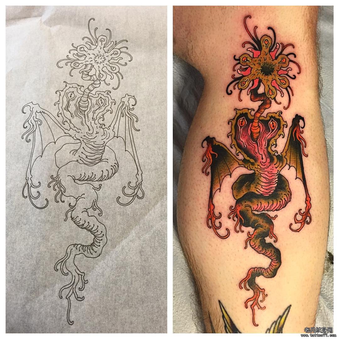 小腿菊花龙纹身图案线稿