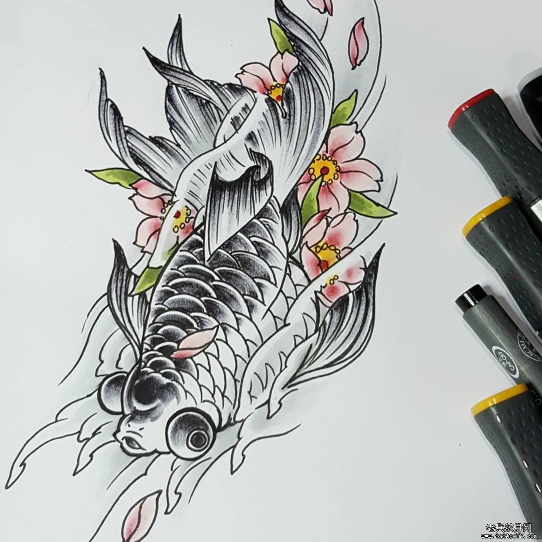 传统金鱼纹身图案手稿