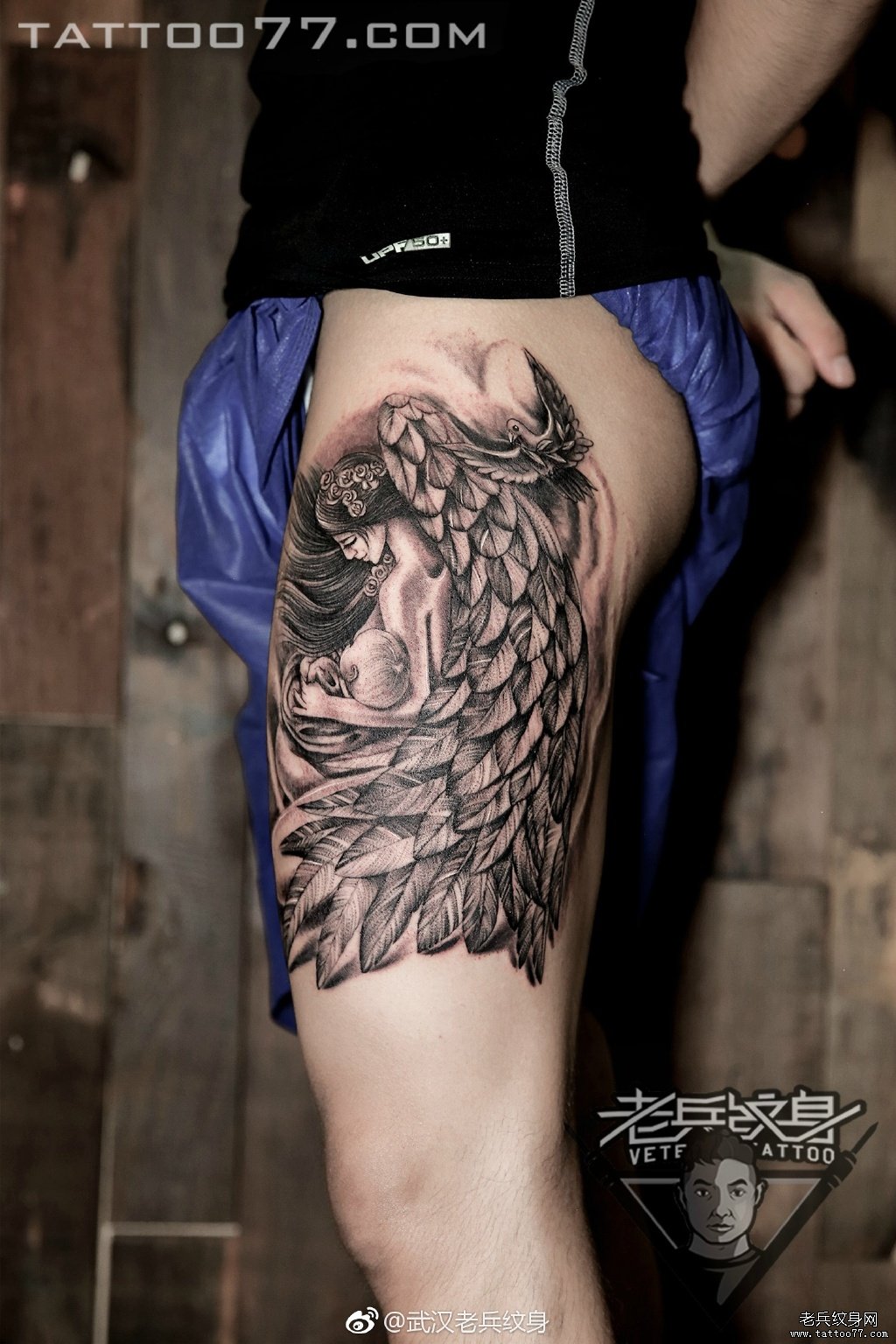 兵哥打造的大腿天使纹身图案作品