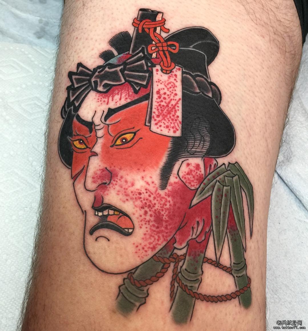 大臂传统生首竹子彩色纹身图案