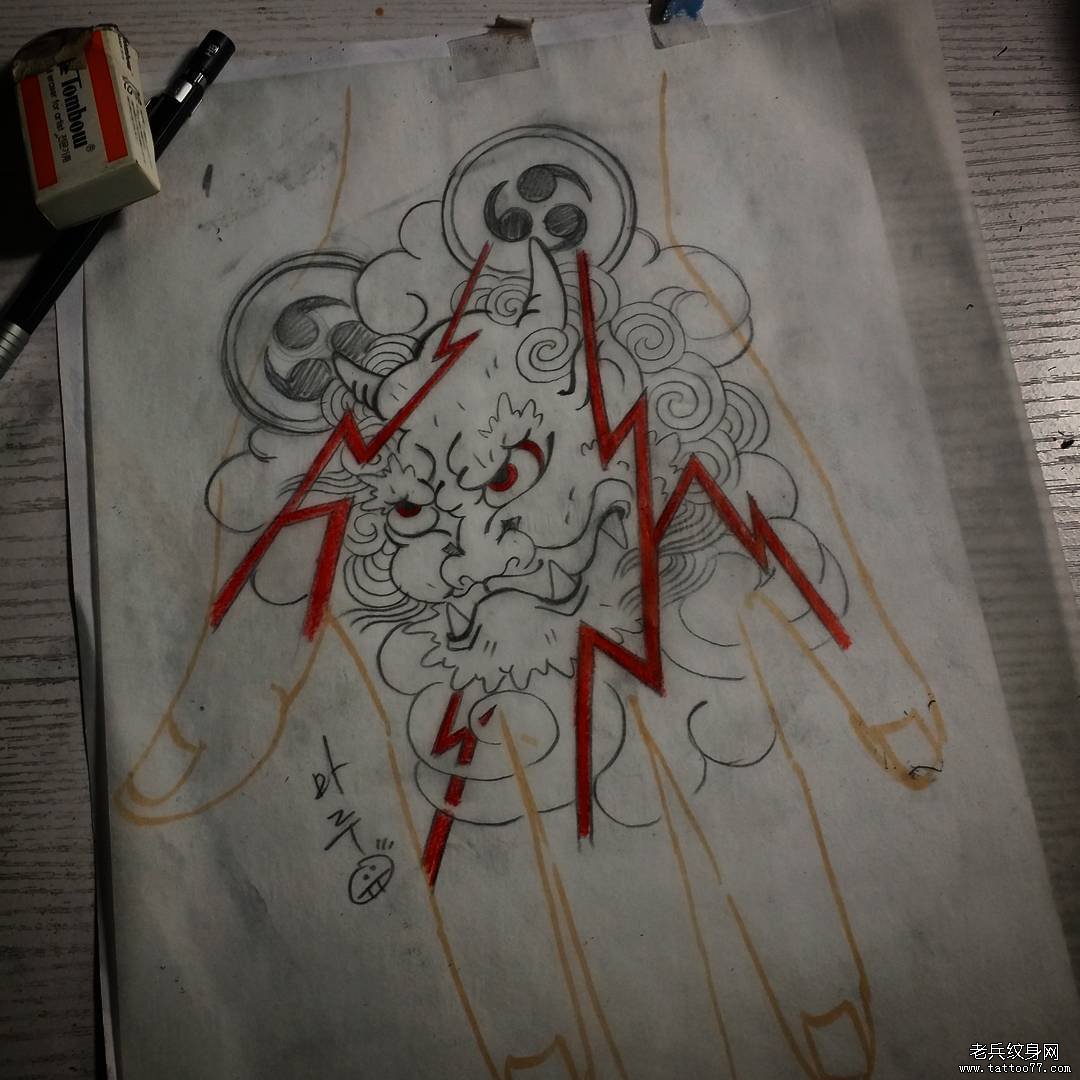 手背老传统雷神纹身图案手稿