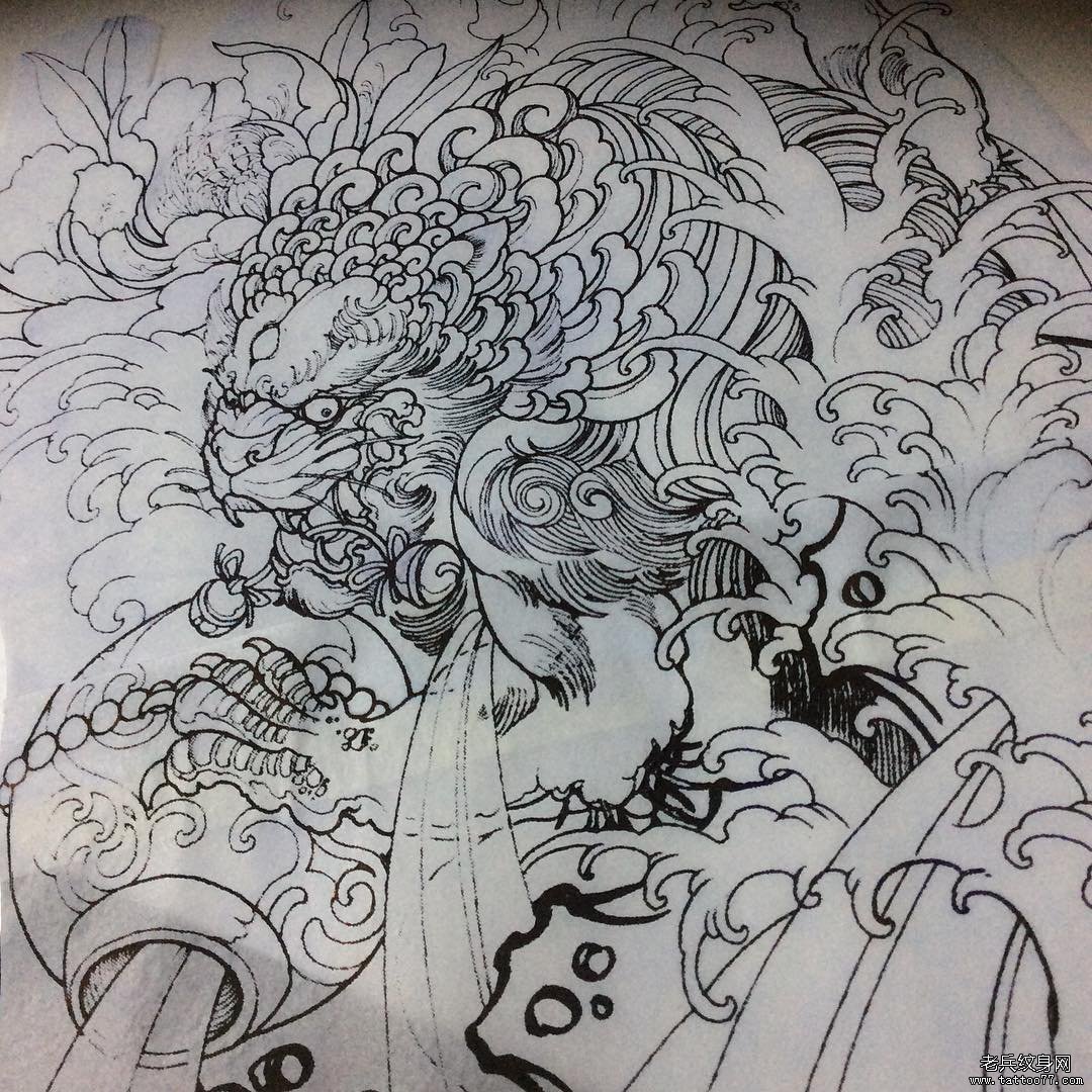 传统唐狮浪花纹身图案线稿