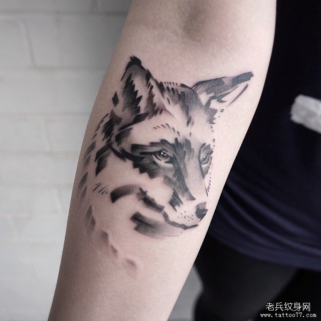 小臂黑灰狐狸欧美纹身图案