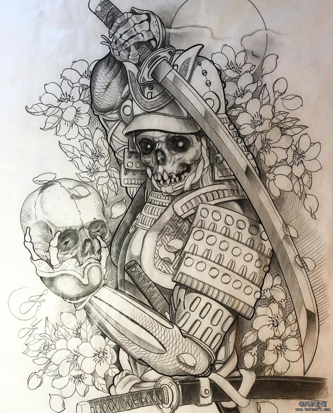传统骷髅武士樱花纹身图案手稿