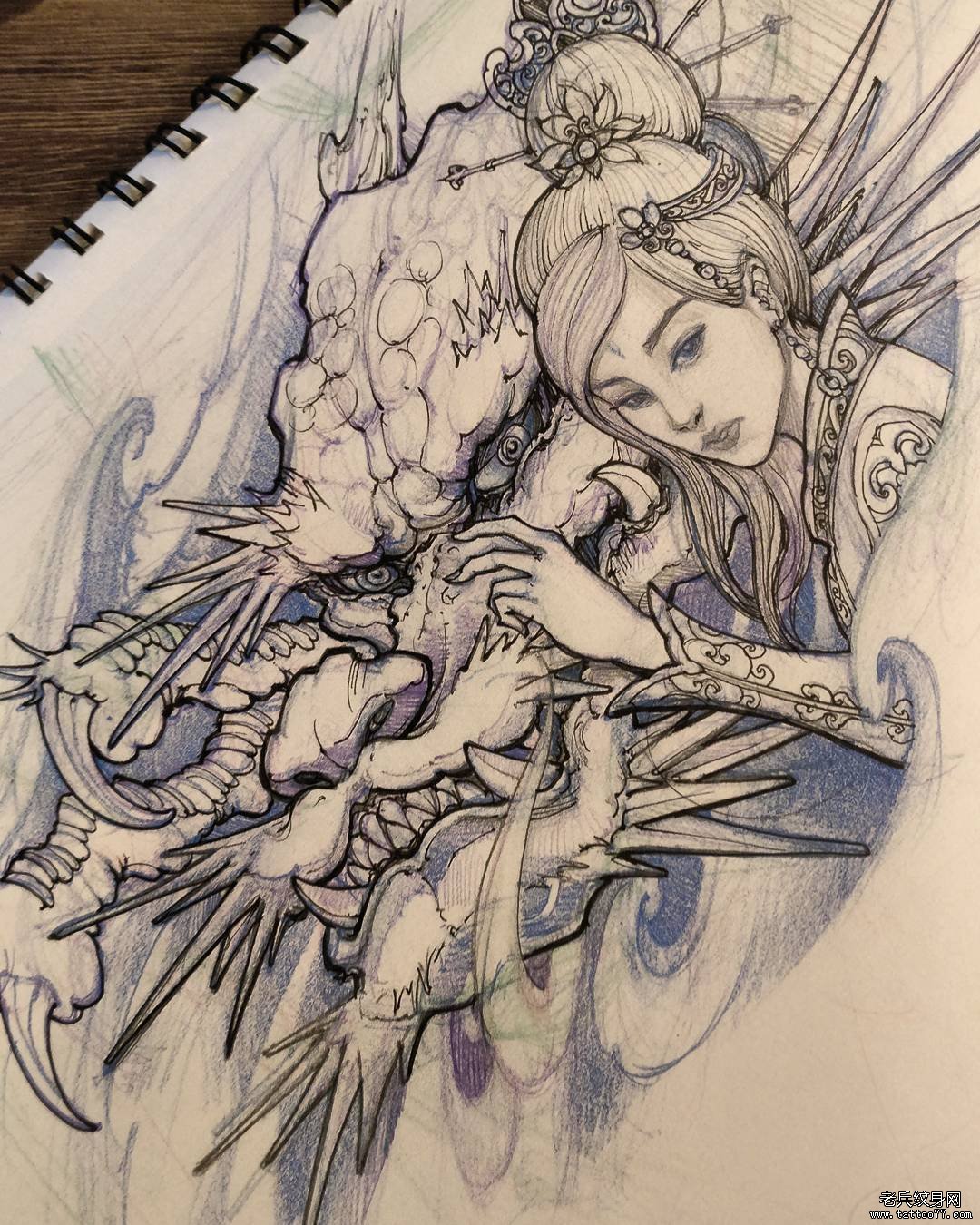 传统艺妓龙纹身图案手稿