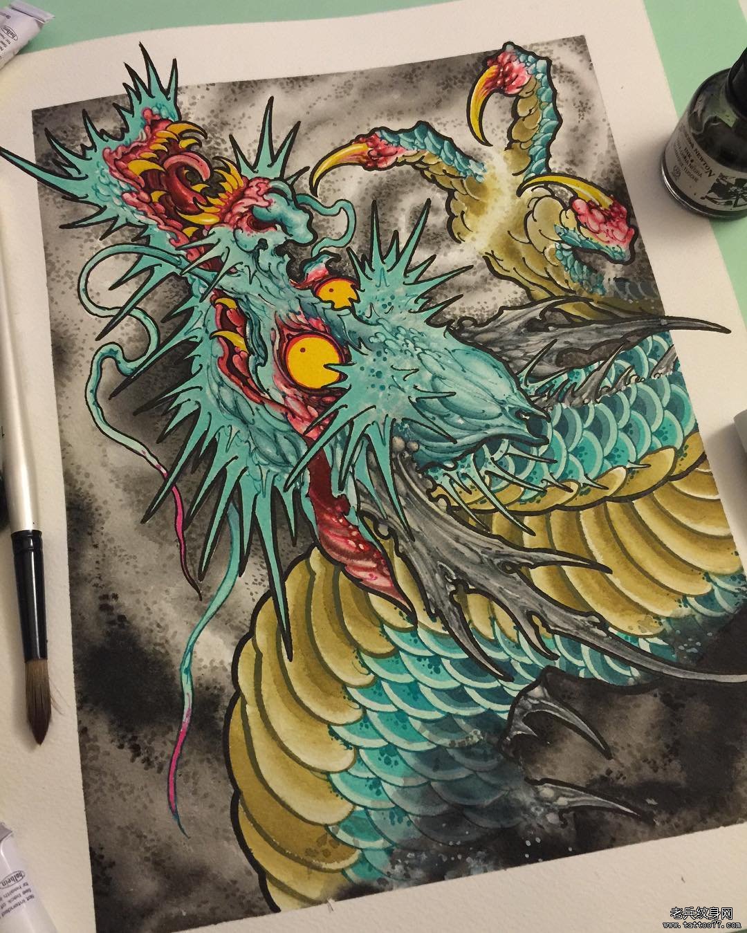 彩色龙传统纹身图案手稿
