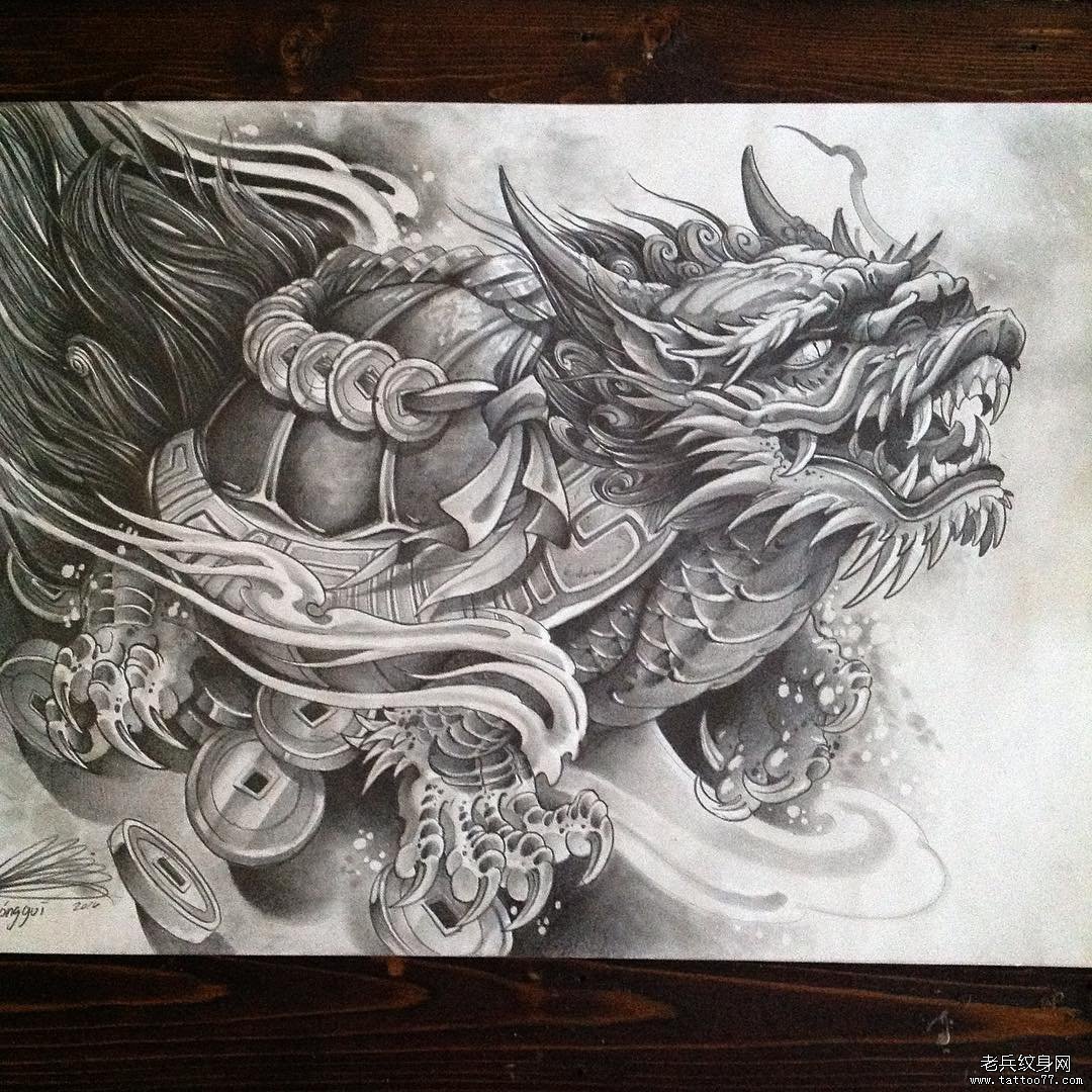 黑灰神兽传统纹身图案手稿