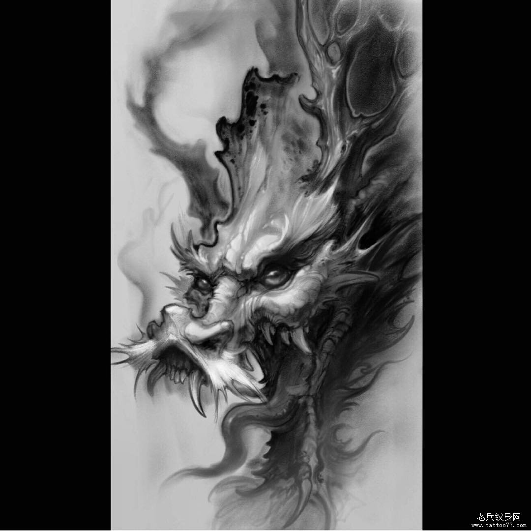 黑灰龙头传统纹身图案手稿