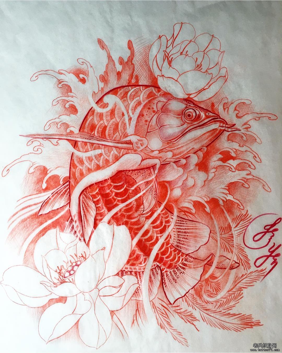 传统黑灰龙鱼纹身图案手稿