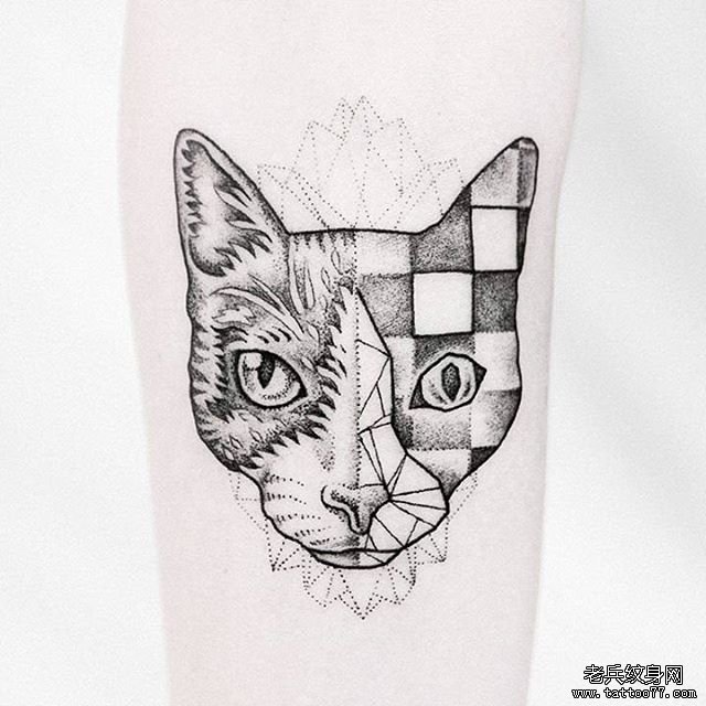点刺线条猫纹身黑灰图案