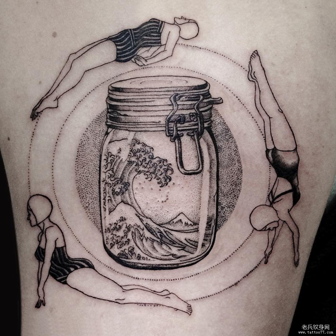 欧美点刺瓶子浪花纹身图案