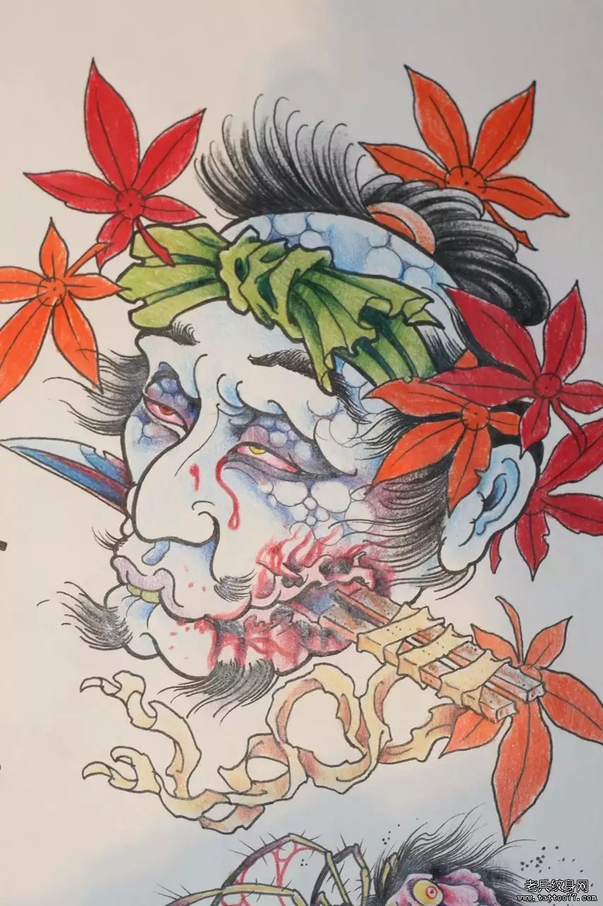 彩色日式生首纹身图案手稿