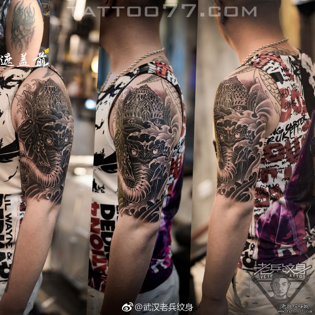 武汉专业纹身店大臂象神纹身图案作品遮盖旧纹身