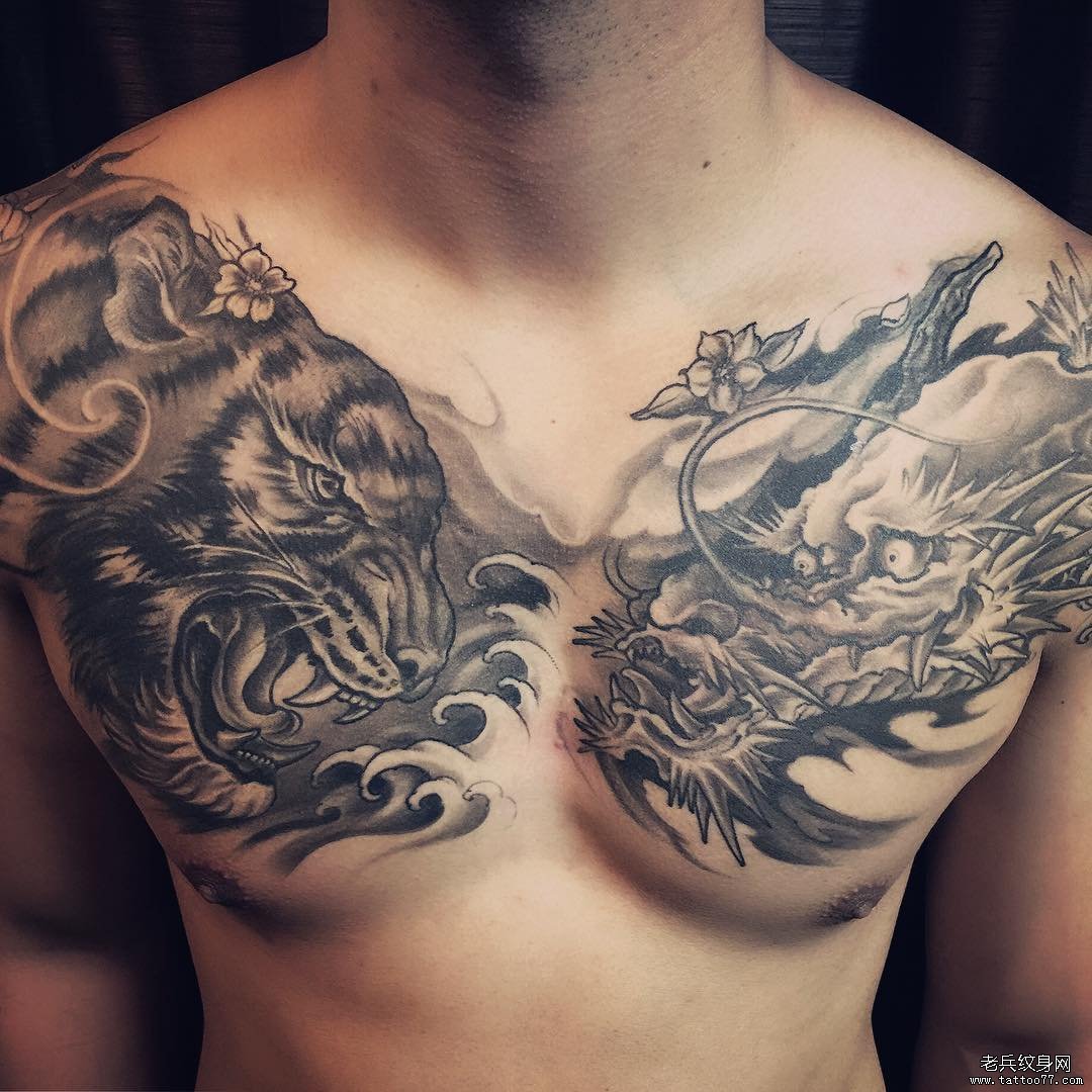 龙虎黑灰半胛纹身图案