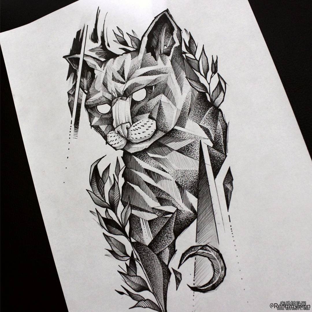 欧美点刺黑灰猫纹身图案手稿