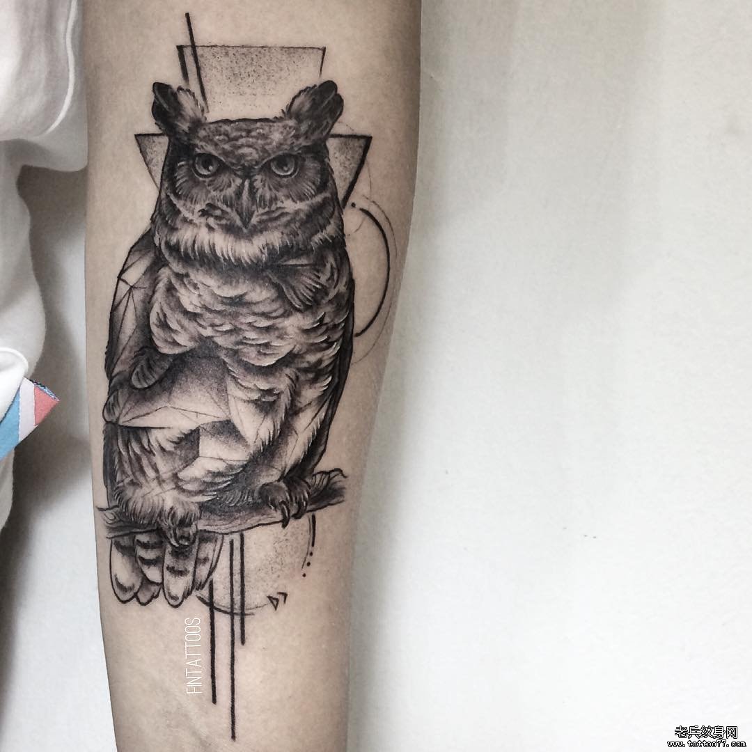 小臂黑灰猫头鹰纹身图案