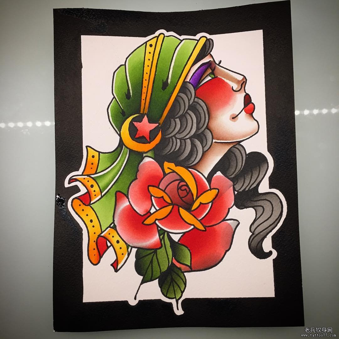 old school 女郎玫瑰彩色纹身图案手稿