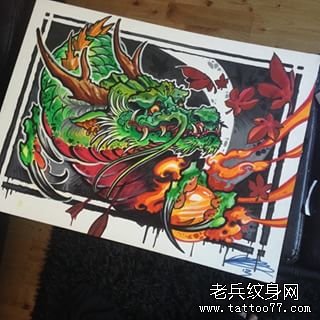 欧美school彩色龙纹身图案手稿