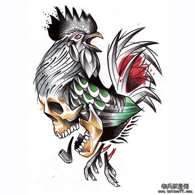 彩色公鸡骷髅纹身图案手稿