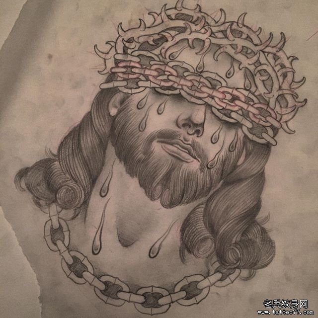 欧美黑灰耶稣纹身图案手稿