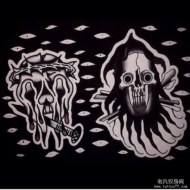 old school骷髅钉子纹身图案手稿