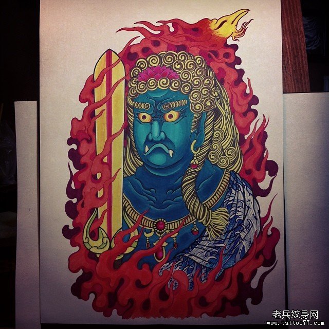 传统不动明王彩色纹身图案手稿