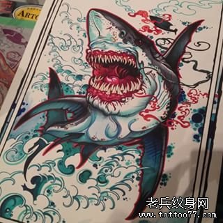 鲨鱼彩色欧美纹身图案手稿