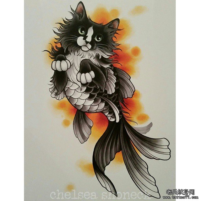 欧美猫美人鱼纹身图案手稿