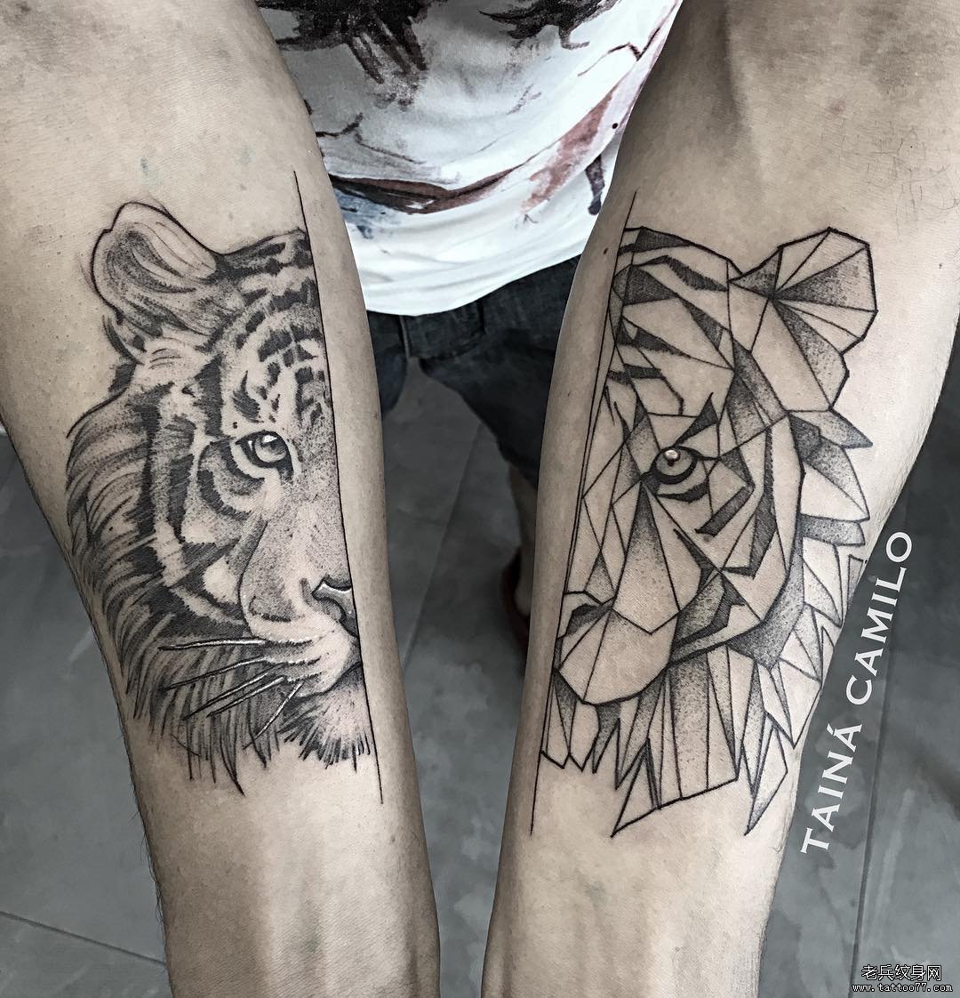 手臂黑灰老虎纹身