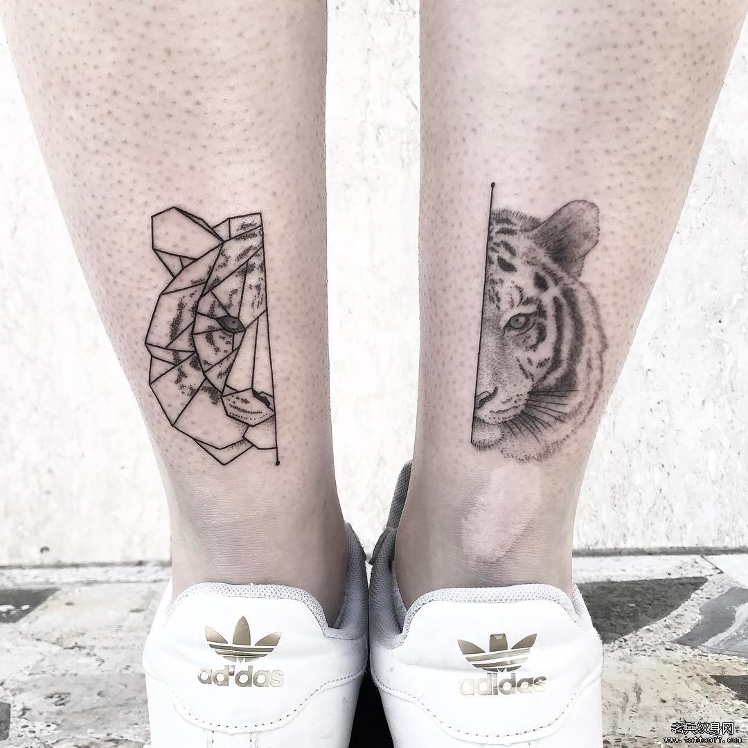 老虎对称几何黑灰线条小腿纹身图案