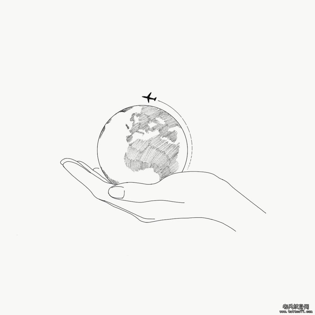 线条手地球飞机纹身手稿